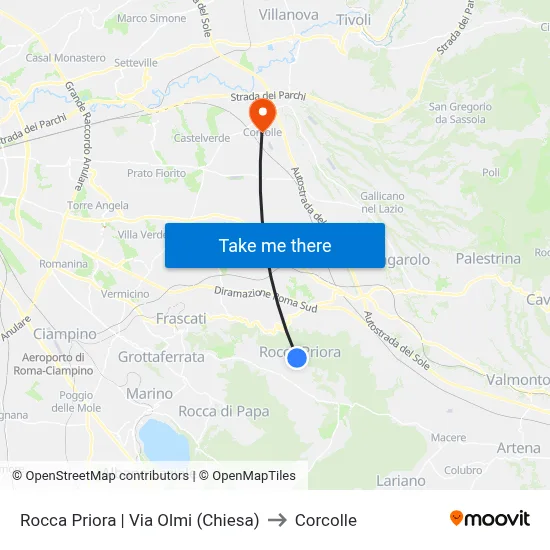 Rocca Priora | Via Olmi (Church) to Corcolle map
