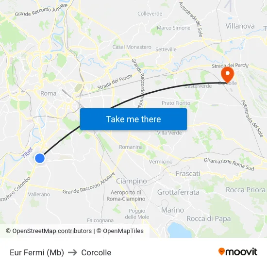 Eur Fermi (Metro B) to Corcolle map