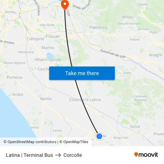 Latina Bus Terminal to Corcolle map