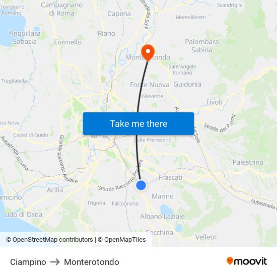 Ciampino to Monterotondo map