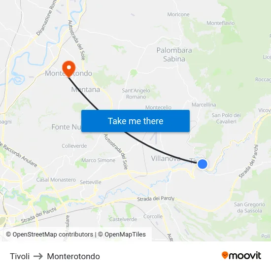 Tivoli to Monterotondo map
