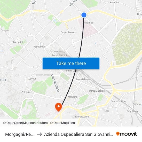 Morgagni/Regina Margherita to Azienda Ospedaliera San Giovanni-Addolorata (Presidio S.Giovanni) map