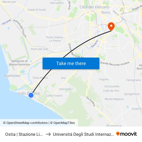 Ostia | Stazione Lido Centro to Università Degli Studi Internazionali Di Roma map