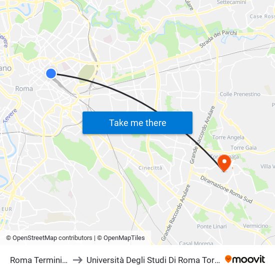 Roma Termini (Airport Shuttles) to Università Degli Studi Di Roma Tor Vergata - Facoltà Di Lettere E Filosofia map