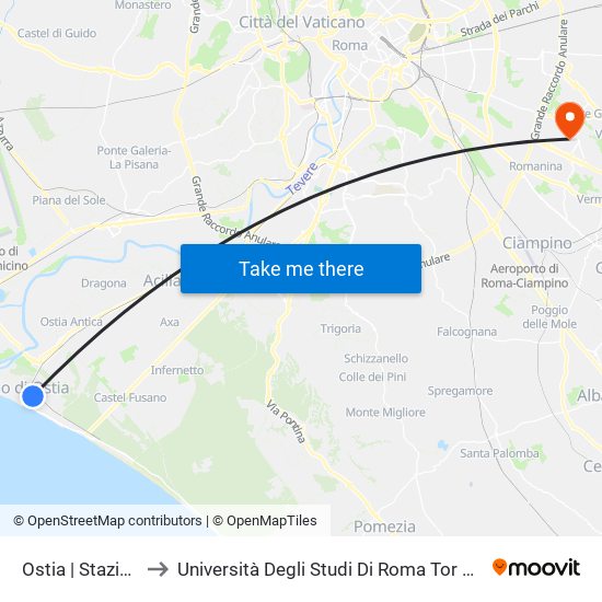 Ostia | Stazione Lido Centro to Università Degli Studi Di Roma Tor Vergata - Facoltà Di Lettere E Filosofia map