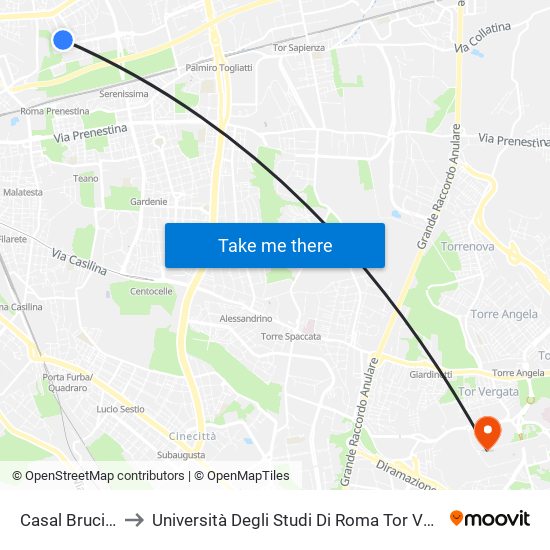 Casal Bruciato/Zampieri to Università Degli Studi Di Roma Tor Vergata - Facoltà Di Lettere E Filosofia map