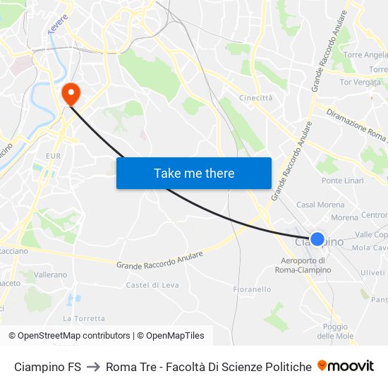 Ciampino FS to Roma Tre - Facoltà Di Scienze Politiche map