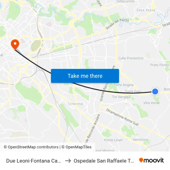 Due Leoni-Fontana Candida to San Raffaele Hospital Termini map