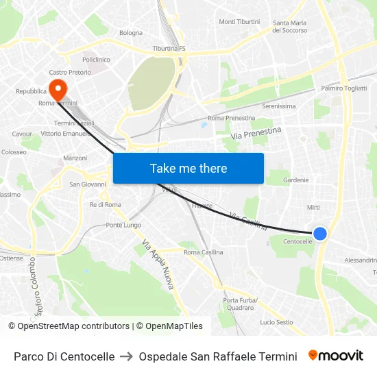 Parco Di Centocelle to Ospedale San Raffaele Termini map