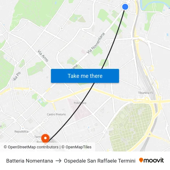 Batteria Nomentana to Ospedale San Raffaele Termini map