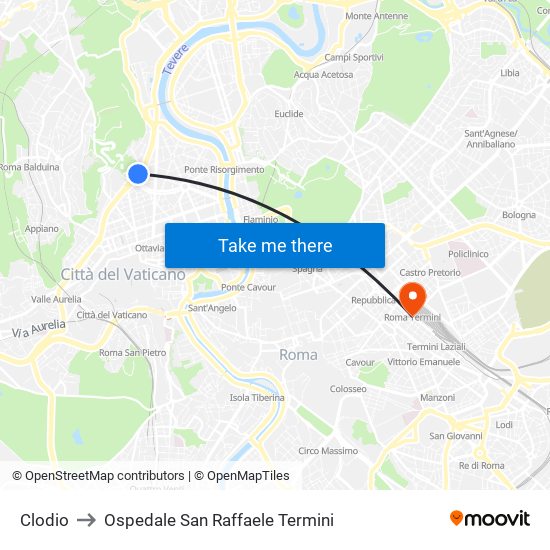 Clodio to Ospedale San Raffaele Termini map
