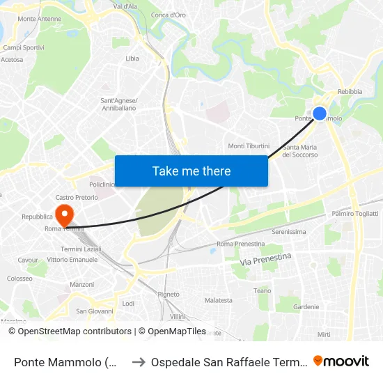 Ponte Mammolo (Metro B) to San Raffaele Hospital Termini map
