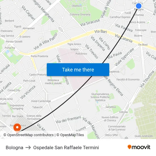 Bologna to San Raffaele Hospital Termini map