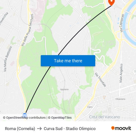 Roma (Cornelia) to Curva Sud - Stadio Olimpico map