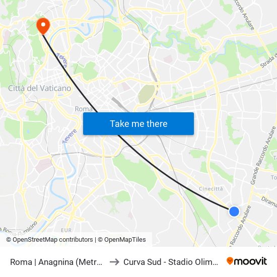 Roma | Anagnina (Metro A) to Curva Sud - Stadio Olimpico map