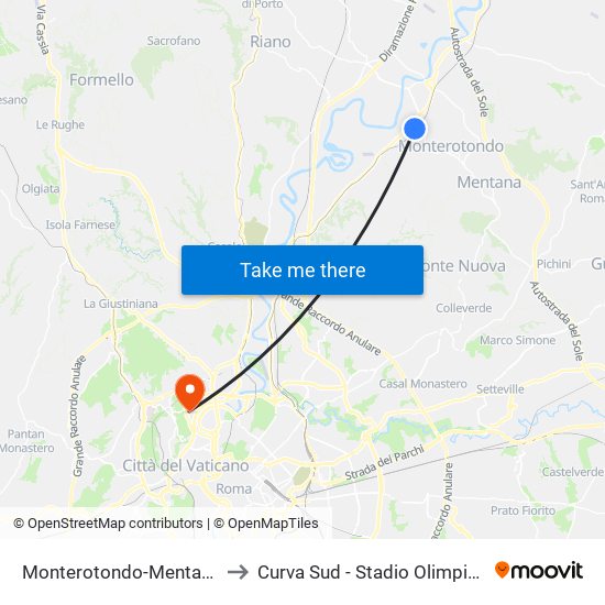 Monterotondo-Mentana to Curva Sud - Stadio Olimpico map