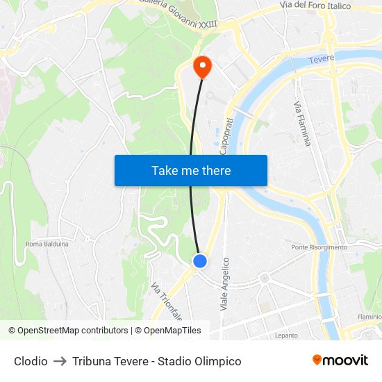 Clodio to Tribuna Tevere - Stadio Olimpico map