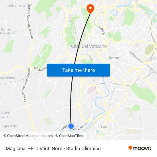 Magliana to Distinti Nord - Stadio Olimpico map