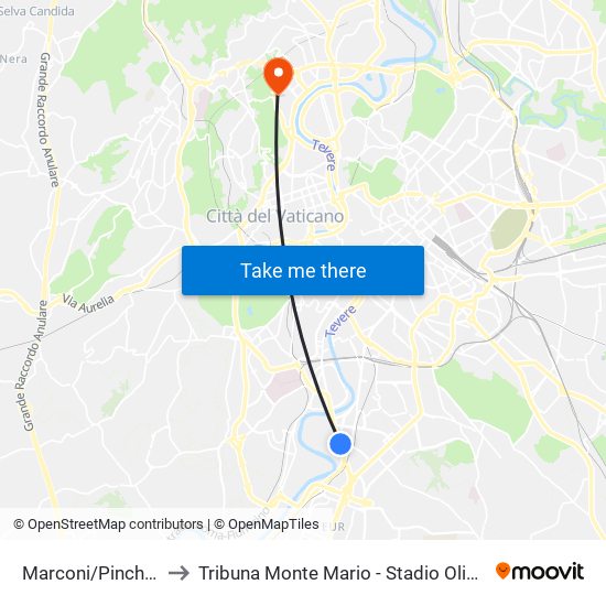 Marconi/Pincherle to Tribuna Monte Mario - Stadio Olimpico map