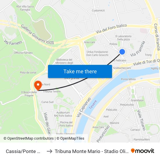 Cassia/Ponte Milvio to Tribuna Monte Mario - Stadio Olimpico map