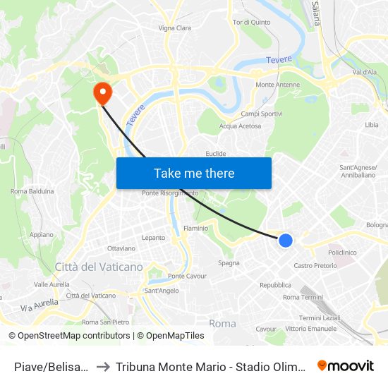 Piave/Belisario to Tribuna Monte Mario - Stadio Olimpico map