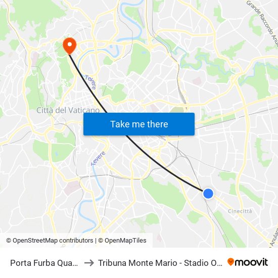 Porta Furba Quadraro to Tribuna Monte Mario - Stadio Olimpico map