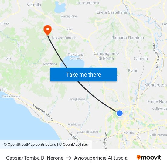 Cassia/Tomba Di Nerone to Aviosuperficie Alituscia map
