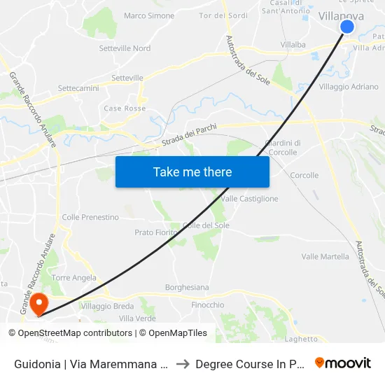 Guidonia | Maremmana Street (Villanova) to Pharmacy Degree Course map