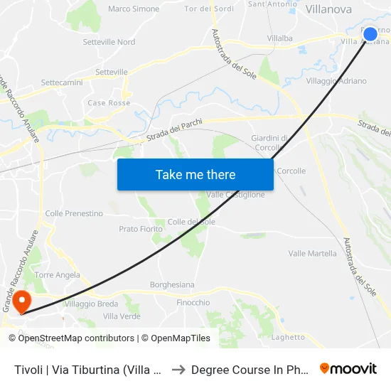 Tivoli | Via Tiburtina (Villa Adriana) to Pharmacy Degree Course map