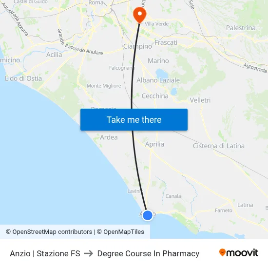 Anzio | Railway Station to Pharmacy Degree Course map