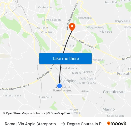 Rome | Appia Road (Ciampino Airport) to Pharmacy Degree Course map