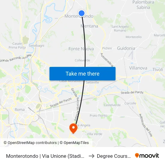 Monterotondo Via Unione (Stadium) G.Peano Scientific High School to Pharmacy Degree Course map