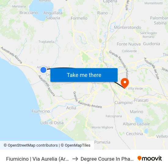 Fiumicino | Aurelia Street (Aranova) to Pharmacy Degree Course map