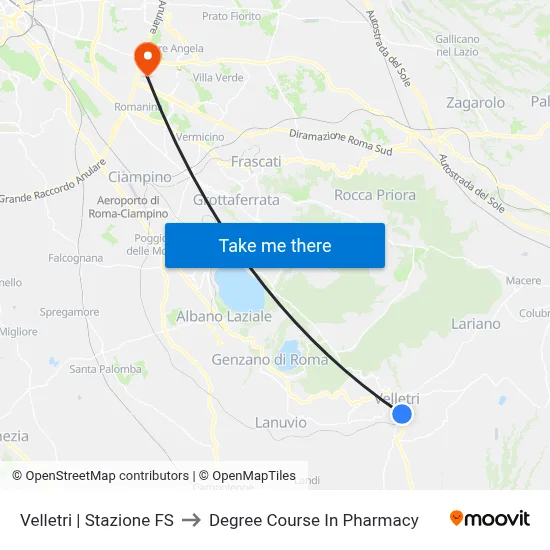 Velletri Train Station to Pharmacy Degree Course map