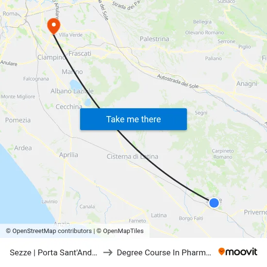 Sezze via Sant'Andrea Gate to Pharmacy Degree Course map