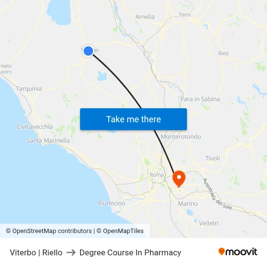 Viterbo via Riello to Pharmacy Degree Course map