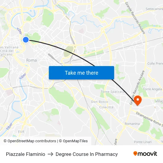 Flaminio Square to Pharmacy Degree Course map