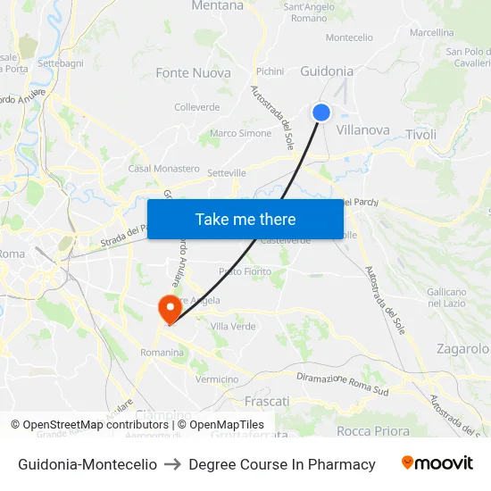 Guidonia-Montecelio to Pharmacy Degree Course map