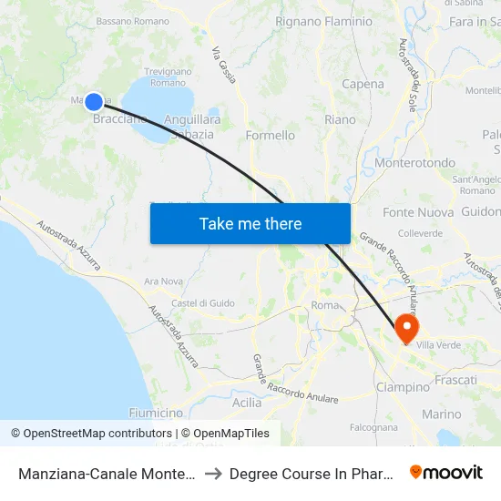 Manziana-Canale Monterano to Pharmacy Degree Course map