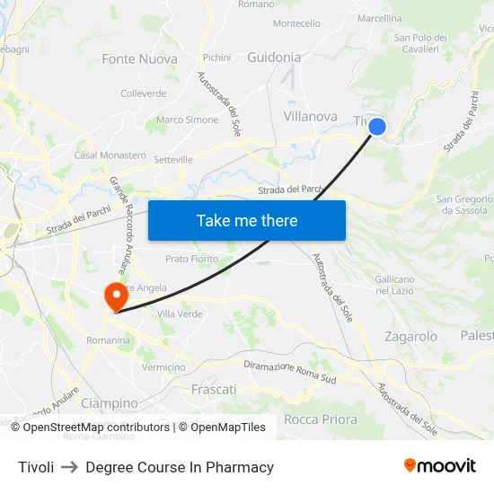 Tivoli to Pharmacy Degree Course map