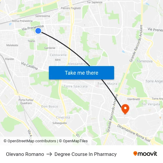 Olevano Romano to Pharmacy Degree Course map