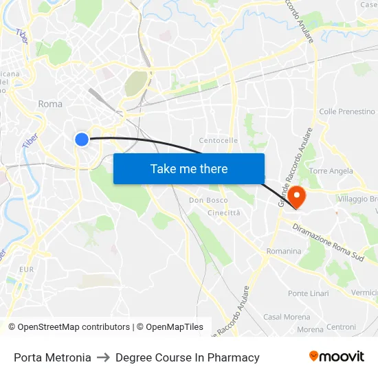 Porta Metronia to Pharmacy Degree Course map
