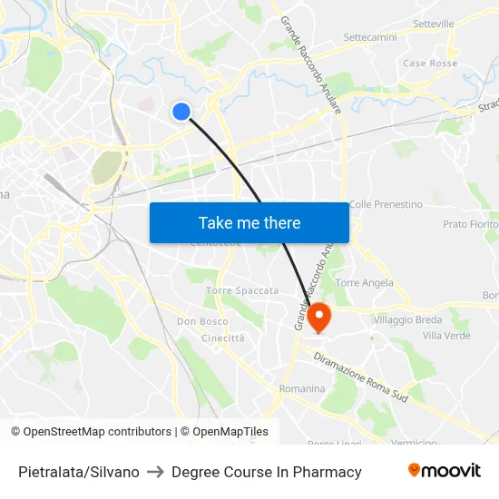 Pietralata/Silvano to Pharmacy Degree Course map