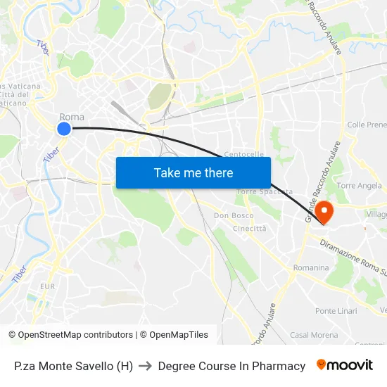 Monte Savello Square (H) to Pharmacy Degree Course map