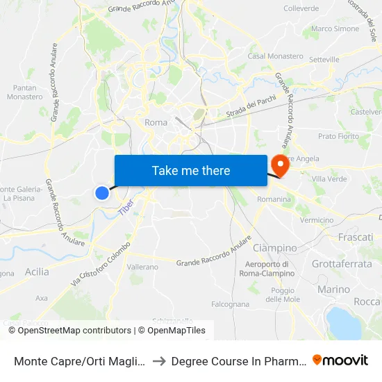 Monte Capre/Orti Magliana to Pharmacy Degree Course map