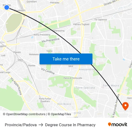 Provincie/Padova to Pharmacy Degree Course map