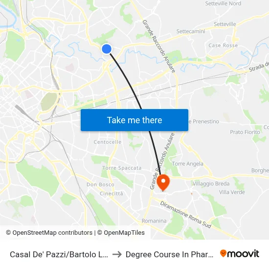 Casal De' Pazzi/Bartolo Longo to Pharmacy Degree Course map