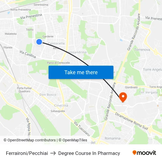 Ferraironi/Pecchiai to Pharmacy Degree Course map
