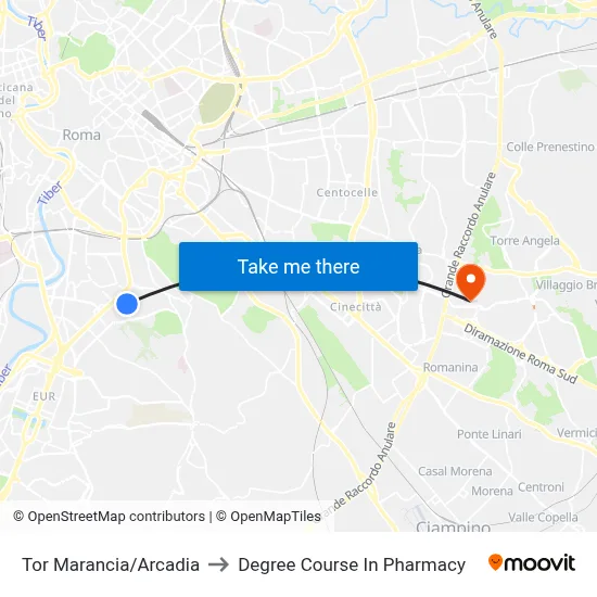 Tor Marancia/Arcadia to Pharmacy Degree Course map
