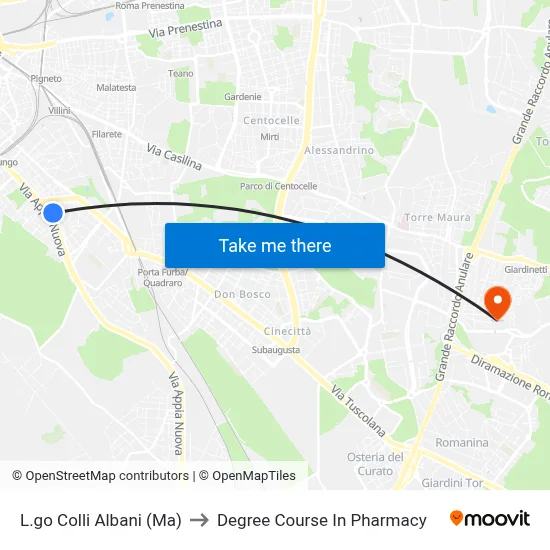 Colli Albani Square (Ma) to Pharmacy Degree Course map